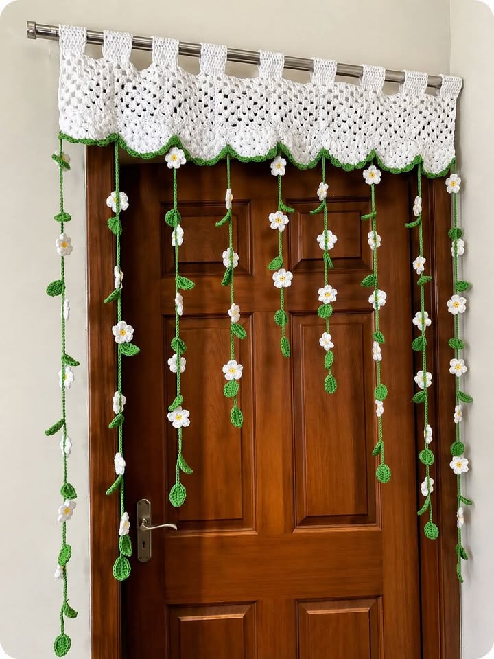 Crochet Hanging Door Curtain — White Floral Valance