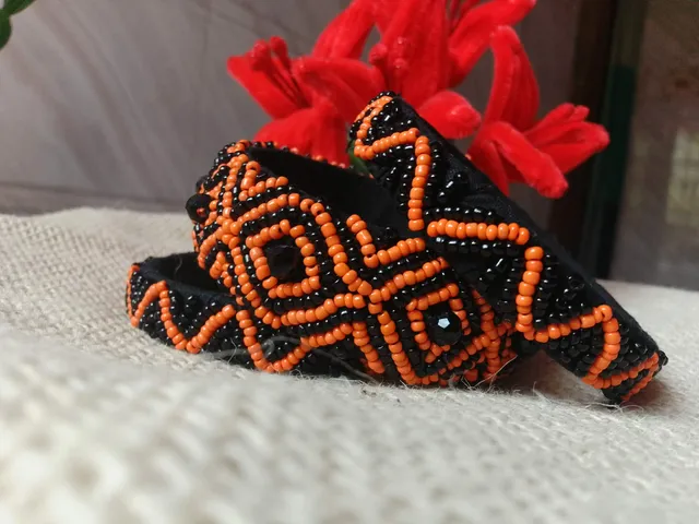 Seed Bead Bangle — Orange-Black Geometric Pattern