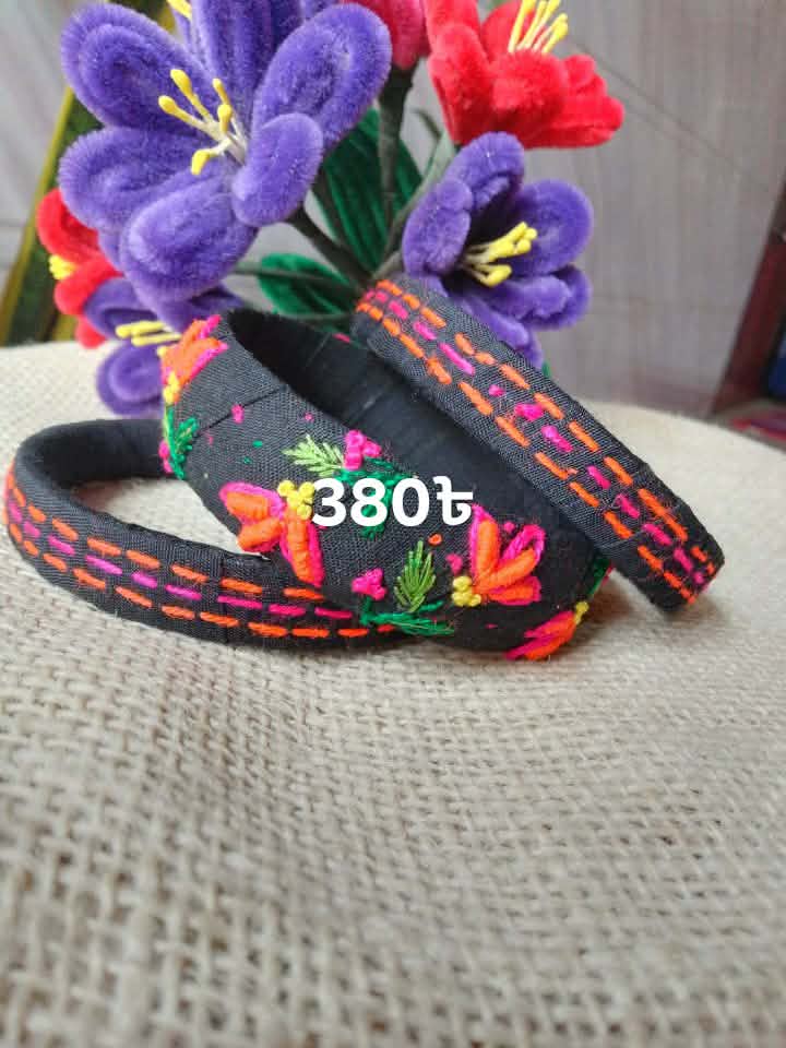 Embroidered Bangle Pair — Black Base, Colourful Floral