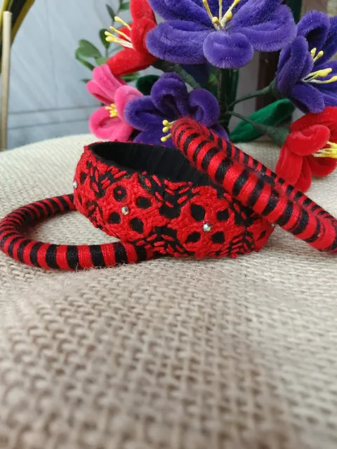 Red-Black Woven Bangle Set — 3 Pieces