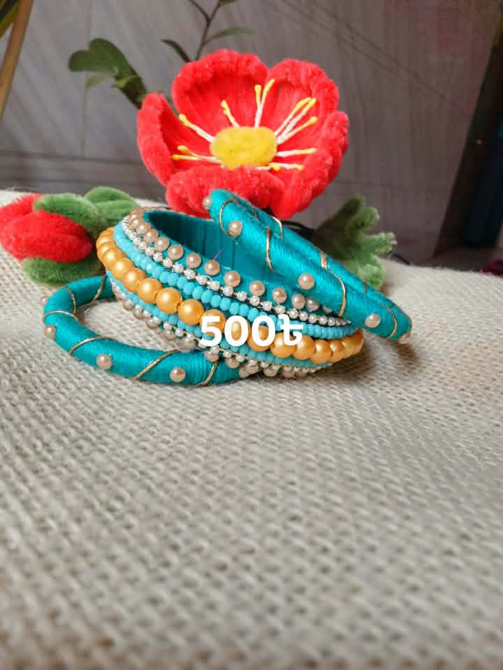 Silk Thread Bangle Set — Teal with Pearl Work
