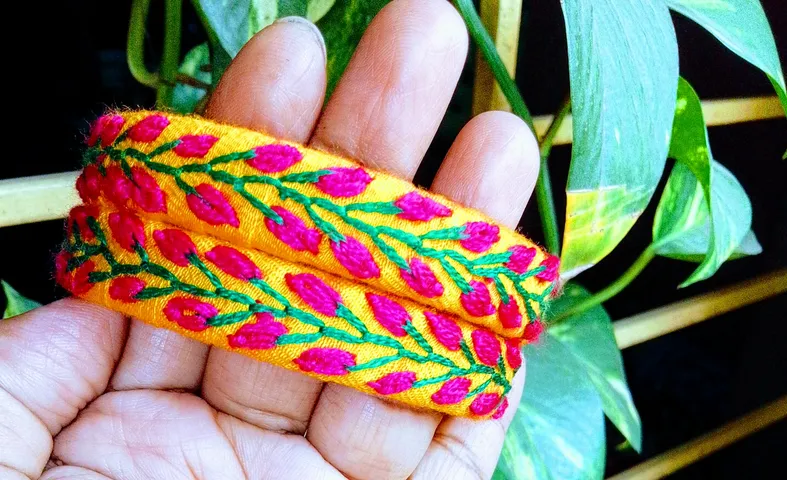 Embroidered Bangle — Yellow with Pink Floral
